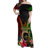 Vanuatu Independence Day Off Shoulder Maxi Dress Boars Tusk and Melanesian Warrior Indipendens Dei LT03 Women Black - Polynesian Pride
