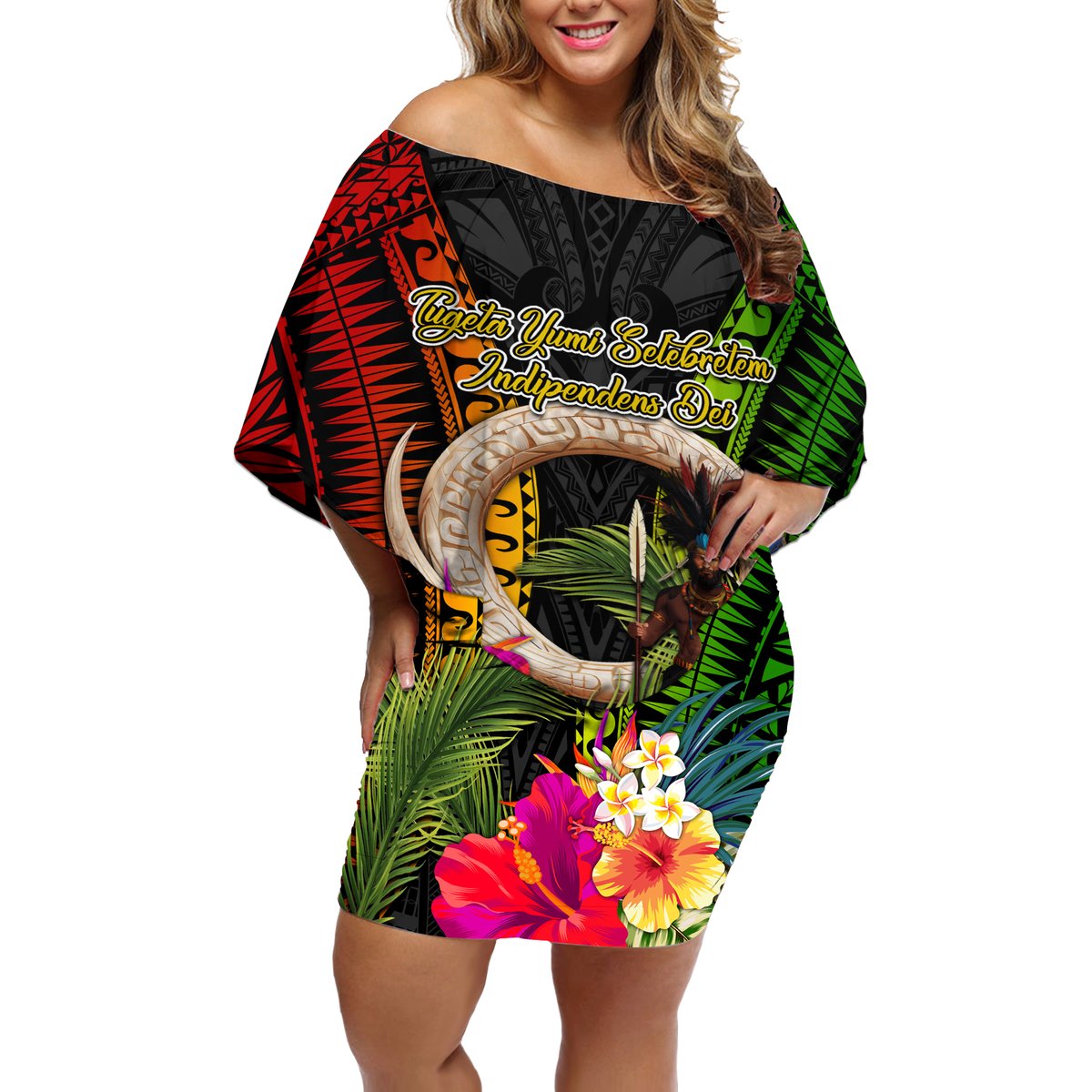 Vanuatu Independence Day Off Shoulder Short Dress Boars Tusk and Melanesian Warrior Indipendens Dei LT03 Women Black - Polynesian Pride