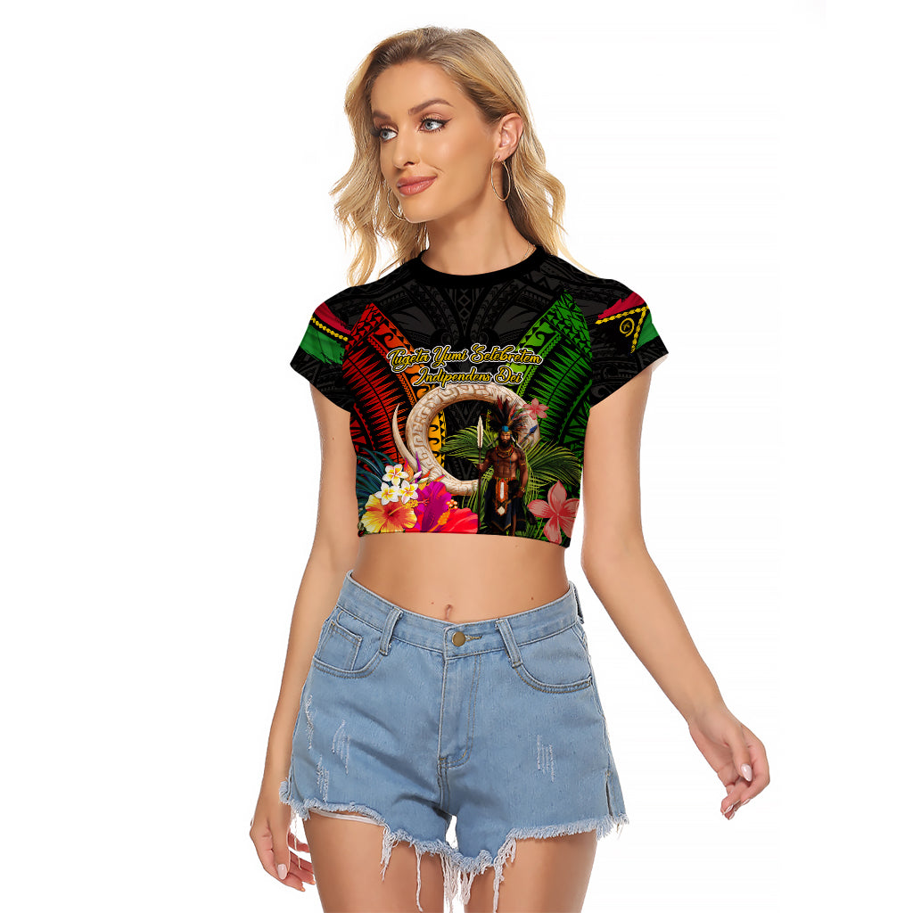 Vanuatu Independence Day Raglan Cropped T Shirt Boars Tusk and Melanesian Warrior Indipendens Dei