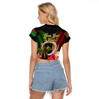 Vanuatu Independence Day Raglan Cropped T Shirt Boars Tusk and Melanesian Warrior Indipendens Dei