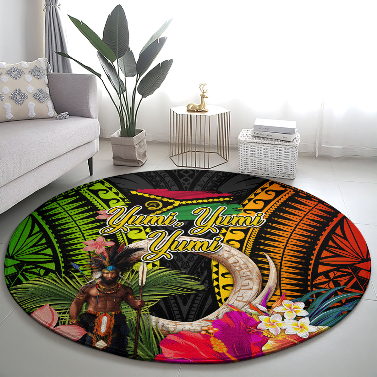 Vanuatu Independence Day Round Carpet Boars Tusk and Melanesian Warrior Indipendens Dei