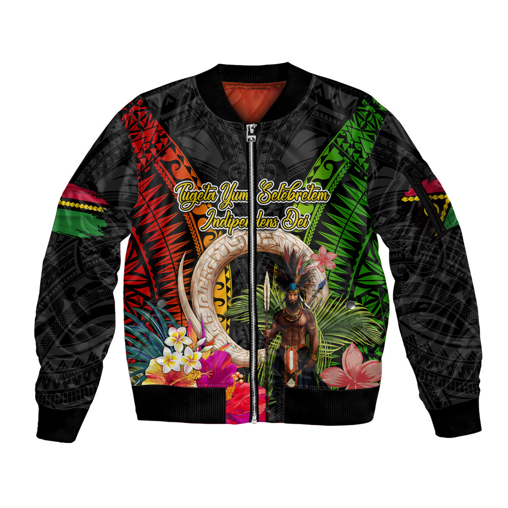 Vanuatu Independence Day Sleeve Zip Bomber Jacket Boars Tusk and Melanesian Warrior Indipendens Dei LT03 Unisex Black - Polynesian Pride