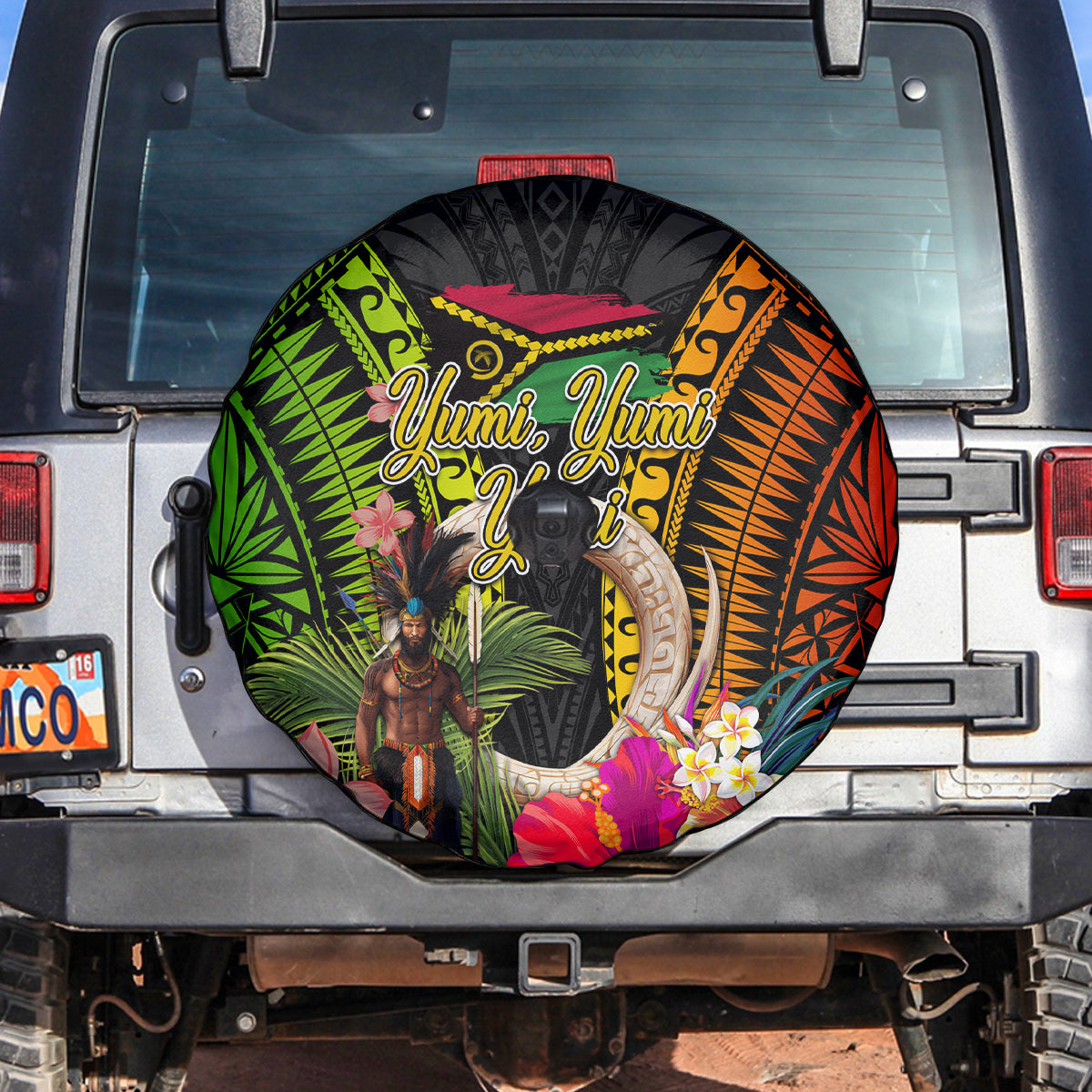 Vanuatu Independence Day Spare Tire Cover Boars Tusk and Melanesian Warrior Indipendens Dei LT03 Black - Polynesian Pride