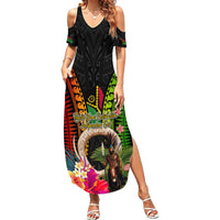 Vanuatu Independence Day Summer Maxi Dress Boars Tusk and Melanesian Warrior Indipendens Dei LT03 Women Black - Polynesian Pride