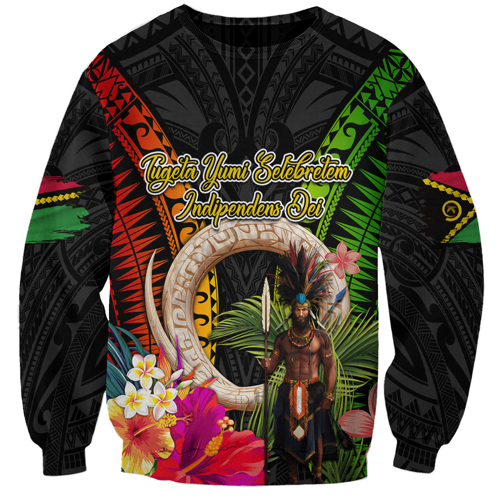 Vanuatu Independence Day Sweatshirt Boars Tusk and Melanesian Warrior Indipendens Dei LT03 Unisex Black - Polynesian Pride