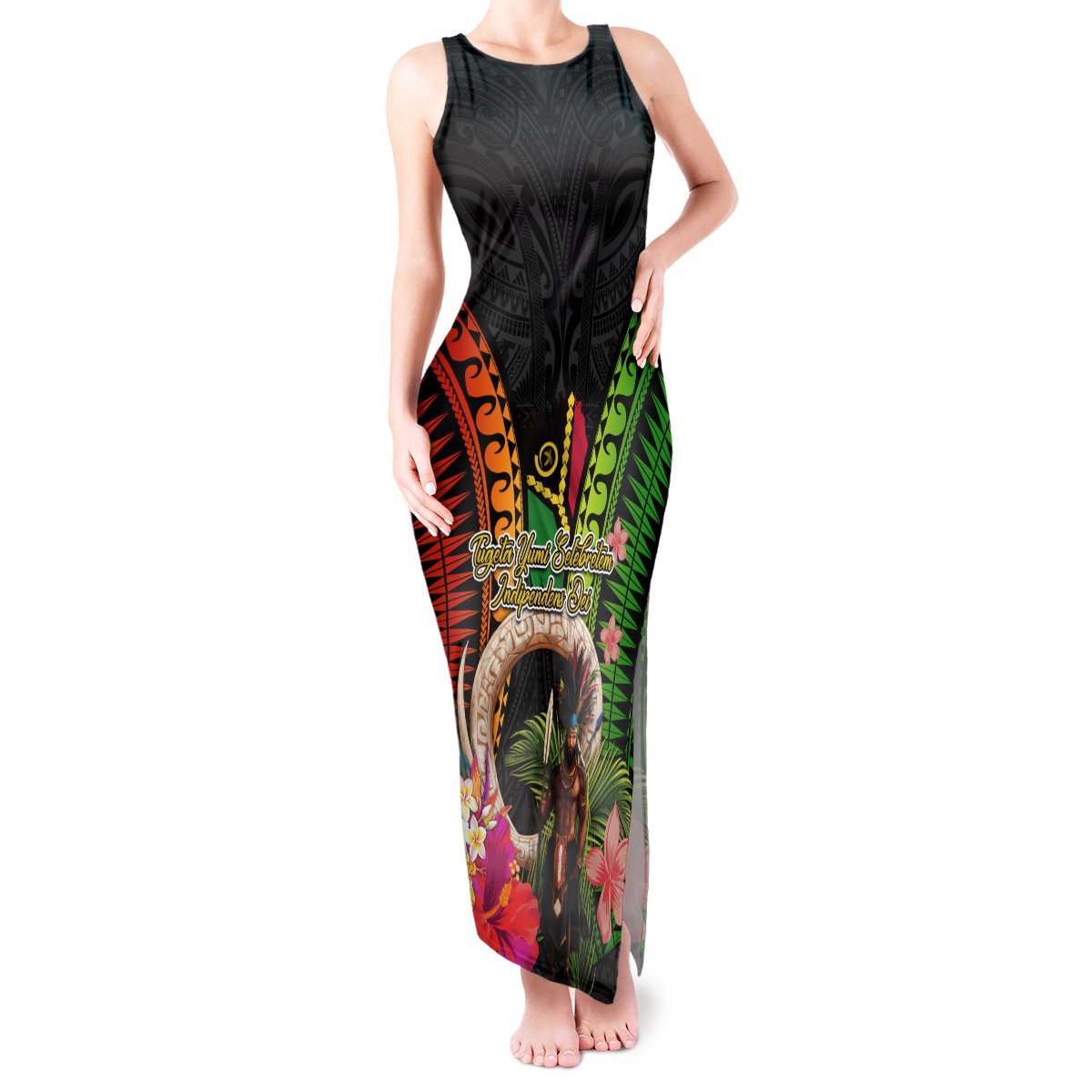 Vanuatu Independence Day Tank Maxi Dress Boars Tusk and Melanesian Warrior Indipendens Dei LT03 Women Black - Polynesian Pride