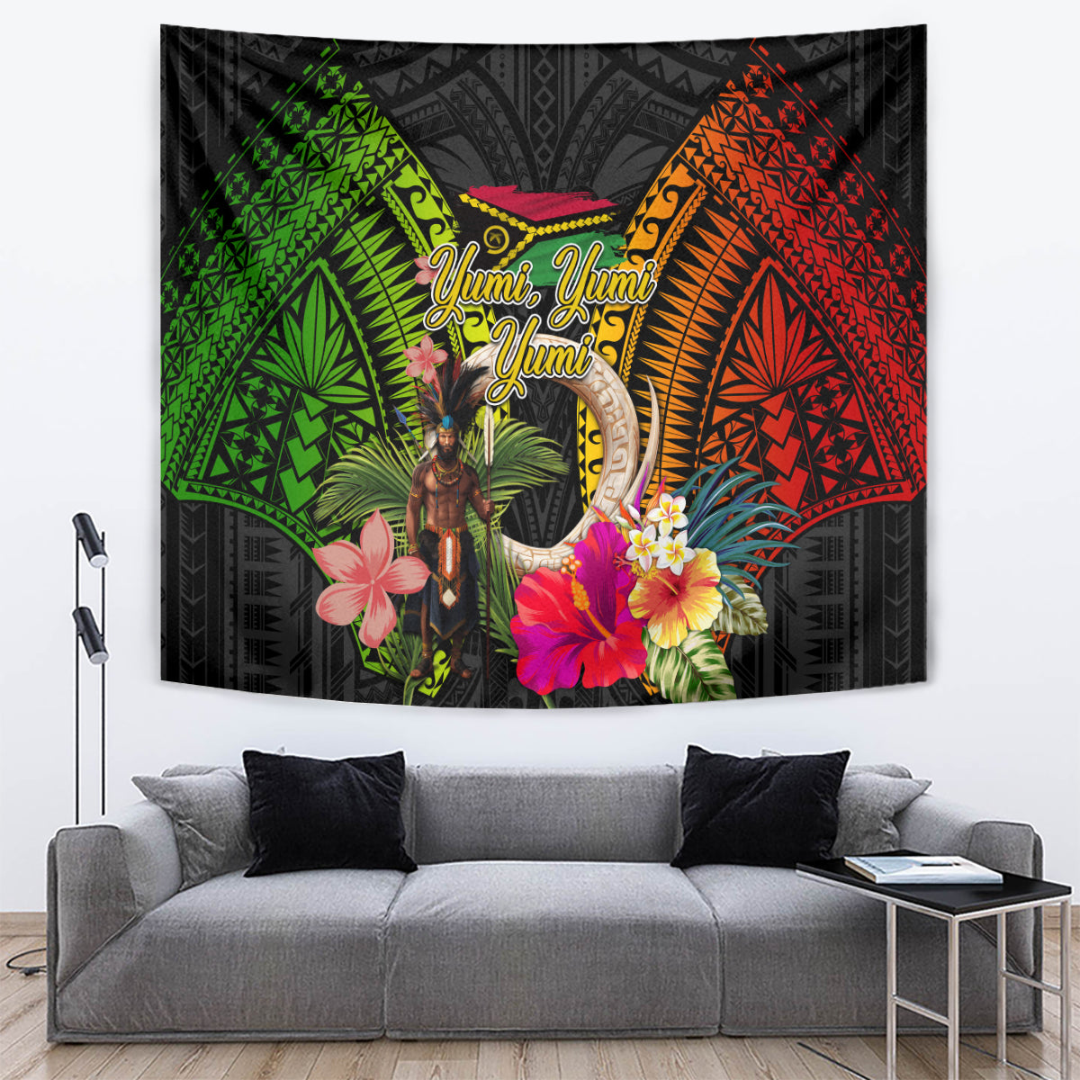 Vanuatu Independence Day Tapestry Boars Tusk and Melanesian Warrior Indipendens Dei