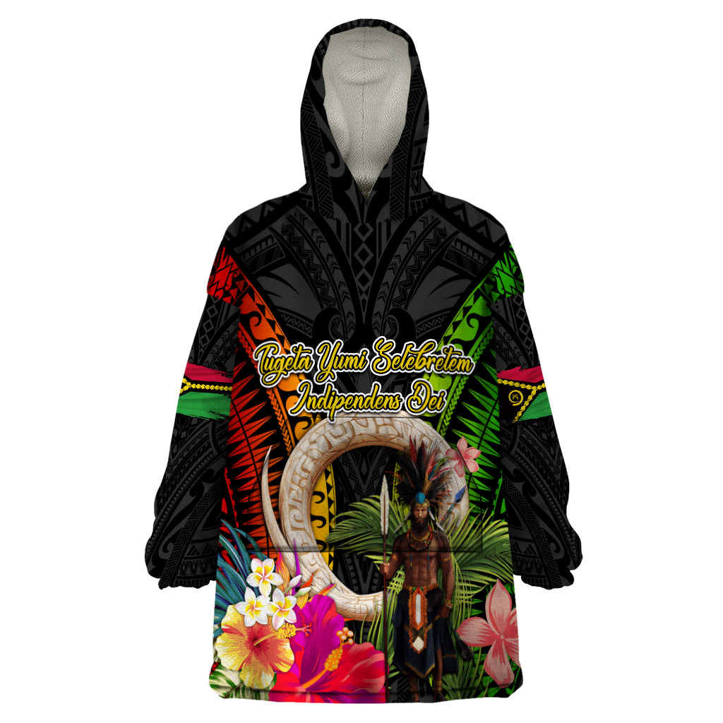 Vanuatu Independence Day Wearable Blanket Hoodie Boars Tusk and Melanesian Warrior Indipendens Dei