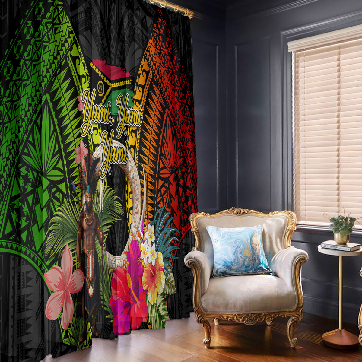 Vanuatu Independence Day Window Curtain Boars Tusk and Melanesian Warrior Indipendens Dei LT03 - Polynesian Pride