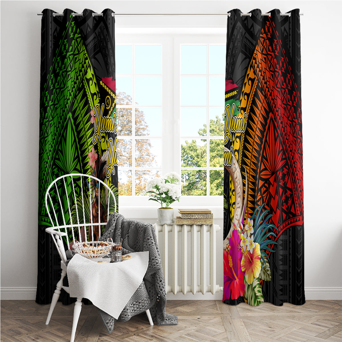 Vanuatu Independence Day Window Curtain Boars Tusk and Melanesian Warrior Indipendens Dei LT03 - Polynesian Pride