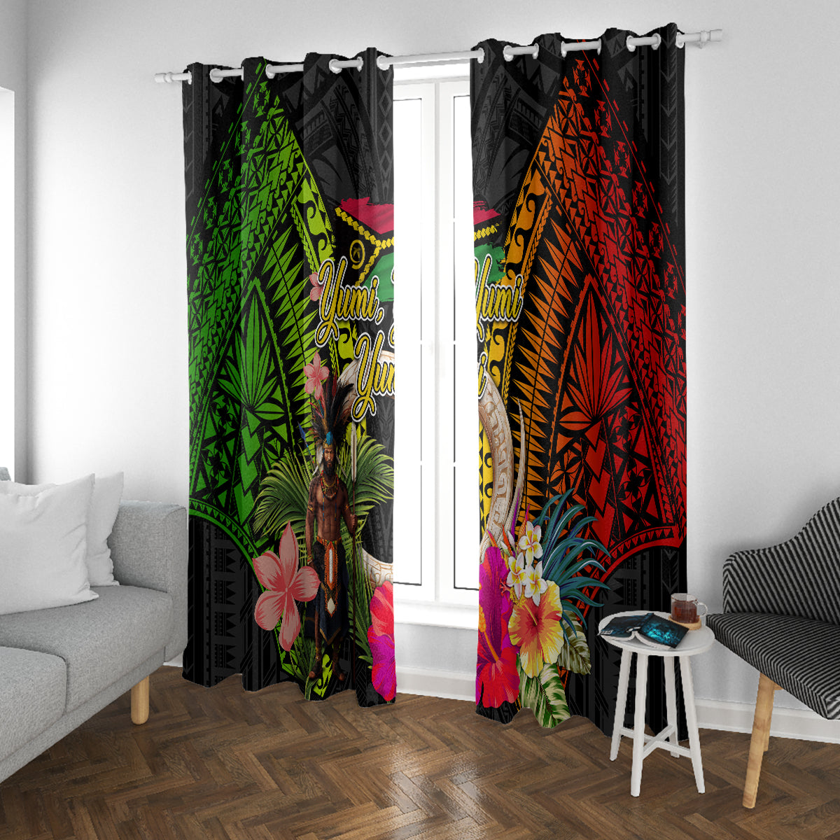 Vanuatu Independence Day Window Curtain Boars Tusk and Melanesian Warrior Indipendens Dei LT03 With Grommets Black - Polynesian Pride