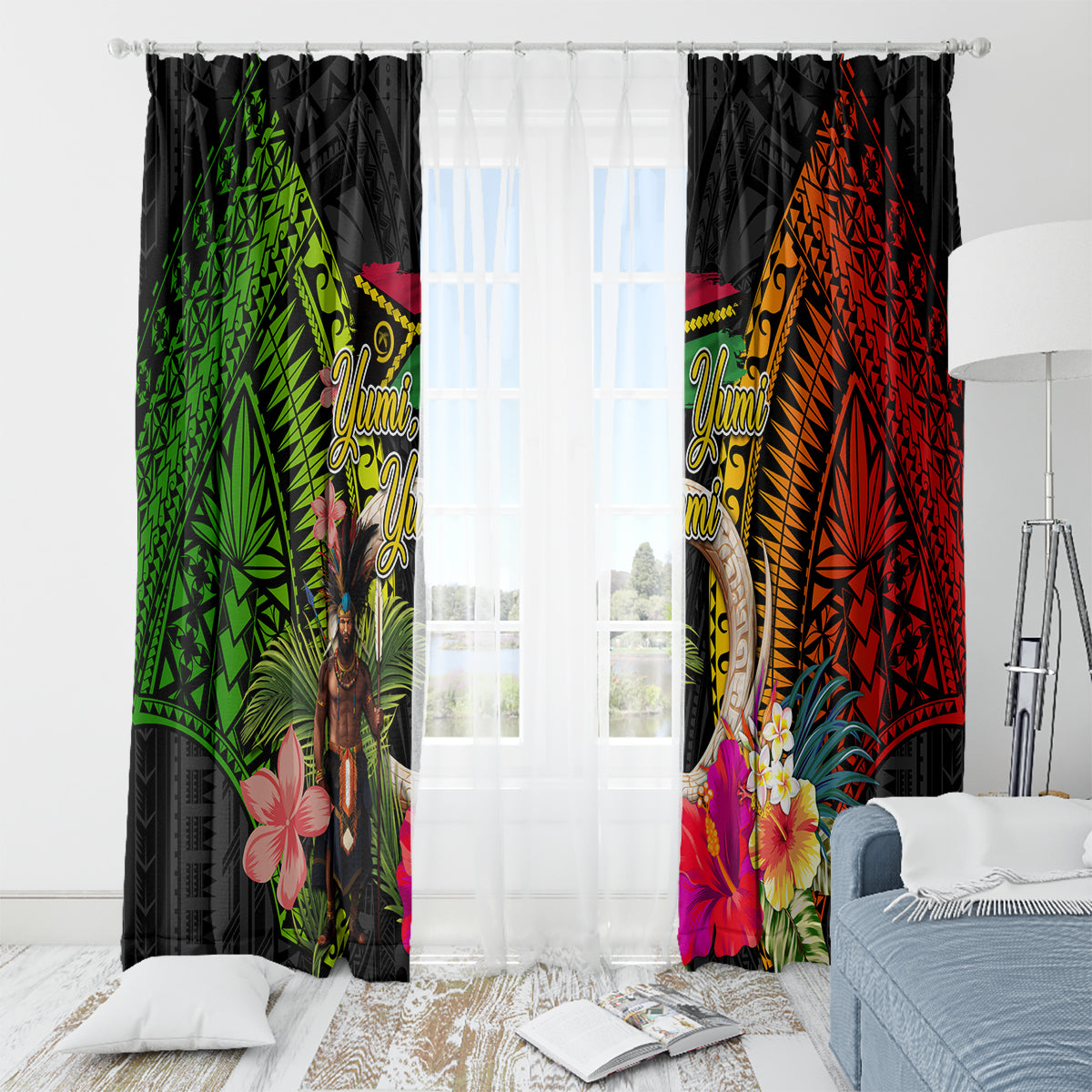 Vanuatu Independence Day Window Curtain Boars Tusk and Melanesian Warrior Indipendens Dei LT03 - Polynesian Pride
