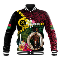 Vanuatu Indipendens Dei Baseball Jacket Boars Tusk and Melanesian Warrior Hibiscus LT03 Unisex Black - Polynesian Pride