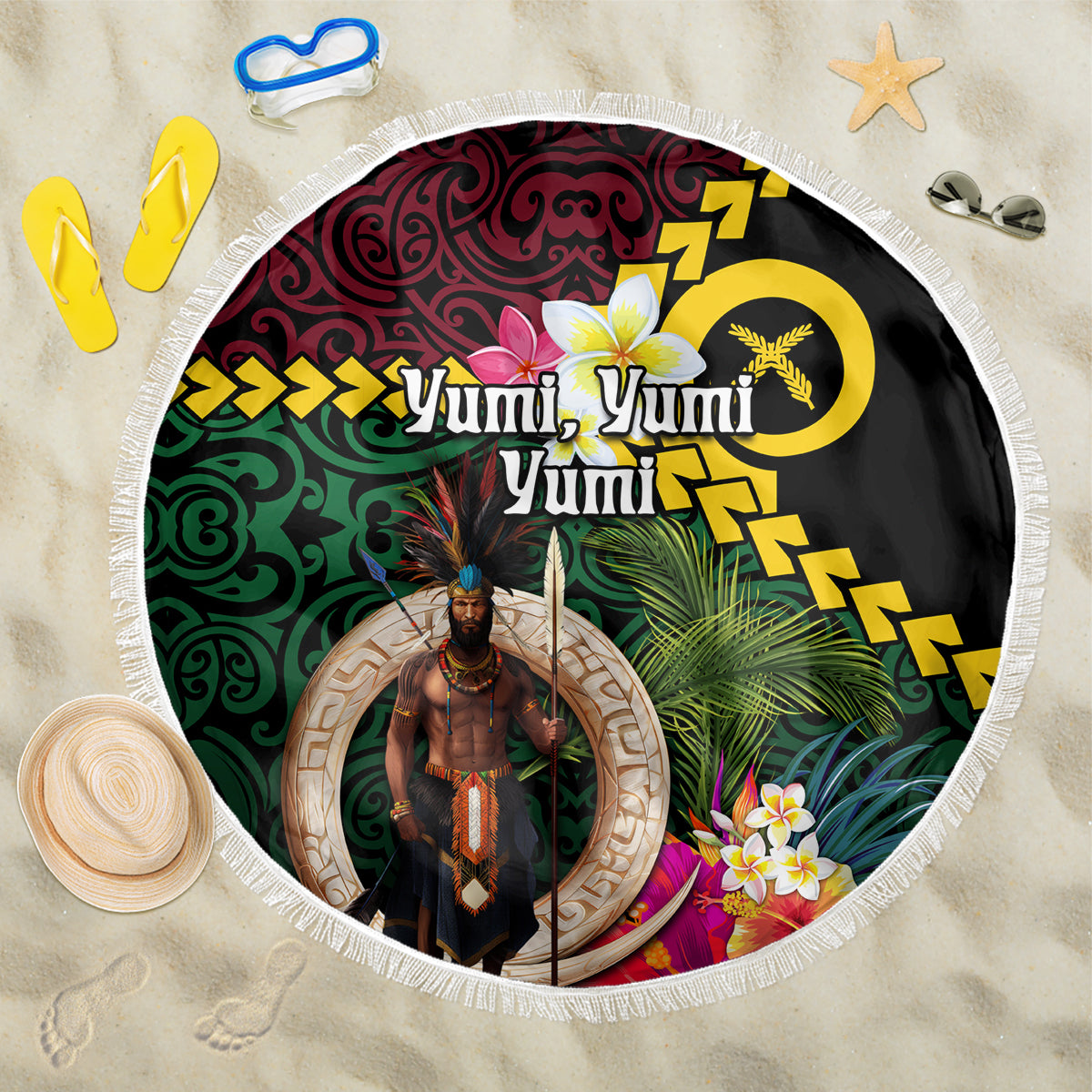 Vanuatu Indipendens Dei Beach Blanket Boars Tusk and Melanesian Warrior Hibiscus LT03 One Size 150cm Black - Polynesian Pride