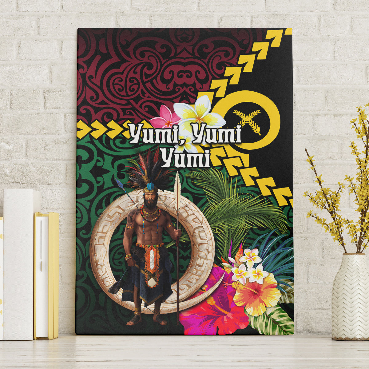 Vanuatu Indipendens Dei Canvas Wall Art Boars Tusk and Melanesian Warrior Hibiscus LT03 Without Frame Black - Polynesian Pride