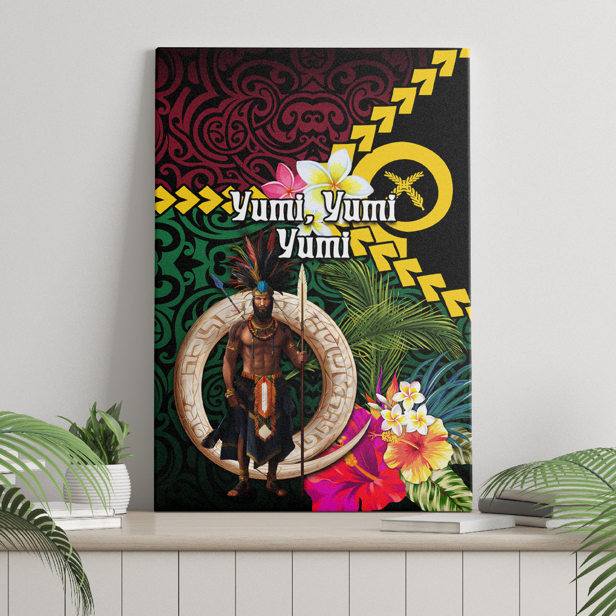 Vanuatu Indipendens Dei Canvas Wall Art Boars Tusk and Melanesian Warrior Hibiscus LT03 - Polynesian Pride