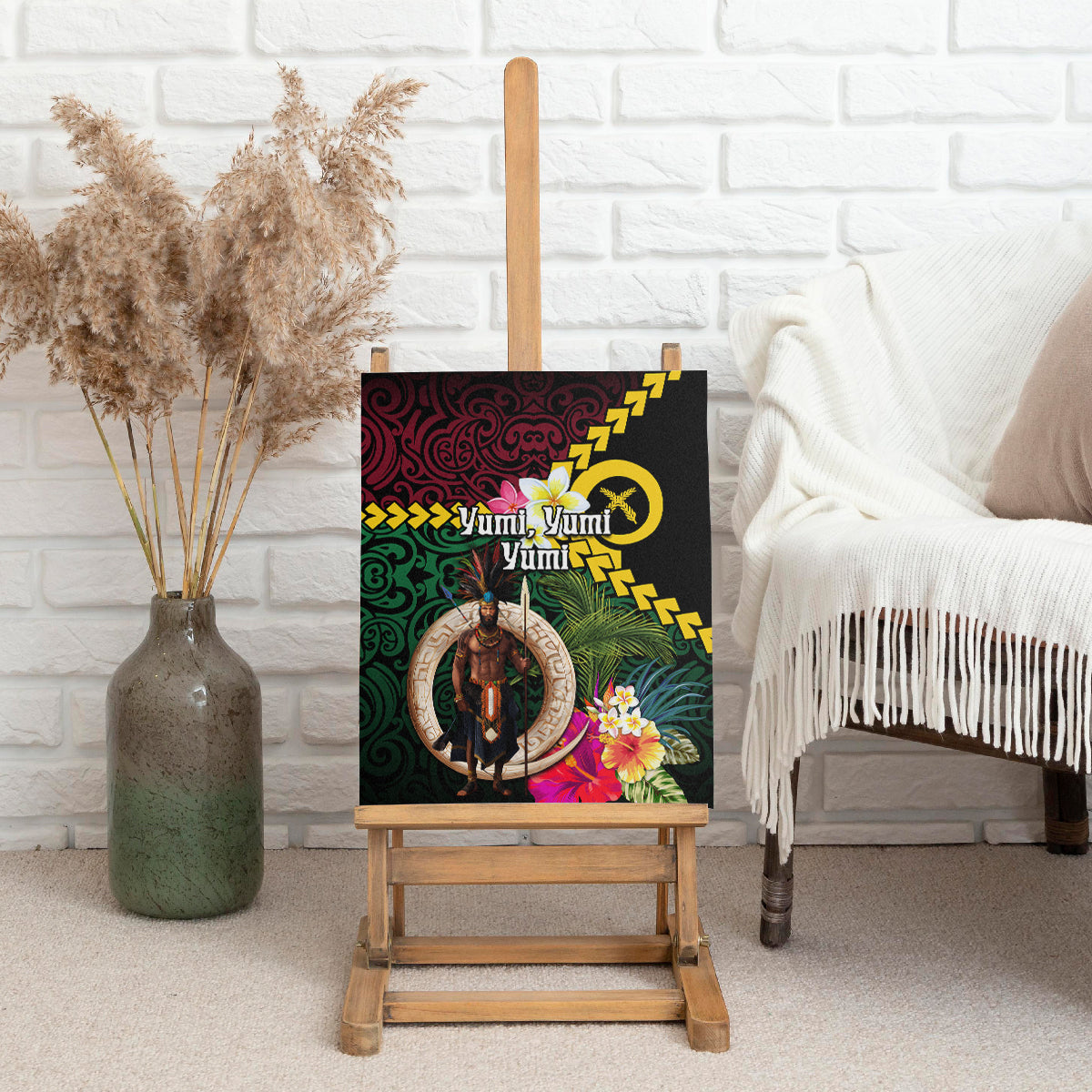 Vanuatu Indipendens Dei Canvas Wall Art Boars Tusk and Melanesian Warrior Hibiscus LT03 - Polynesian Pride