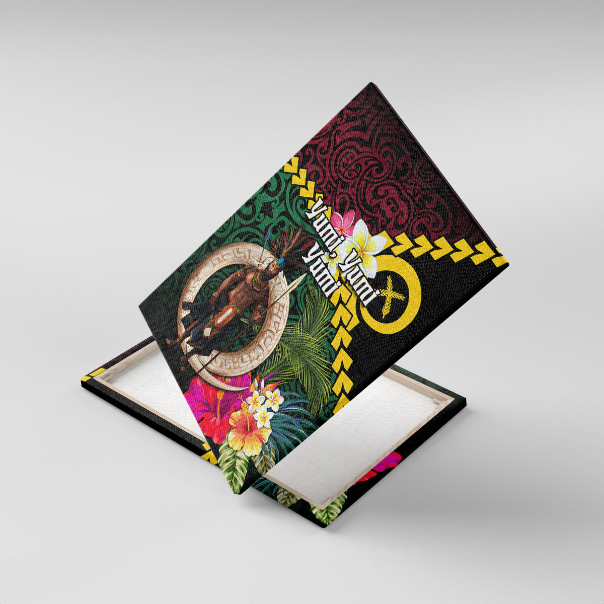 Vanuatu Indipendens Dei Canvas Wall Art Boars Tusk and Melanesian Warrior Hibiscus LT03 With Frame Black - Polynesian Pride