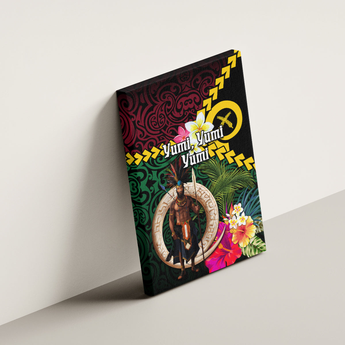 Vanuatu Indipendens Dei Canvas Wall Art Boars Tusk and Melanesian Warrior Hibiscus LT03 - Polynesian Pride