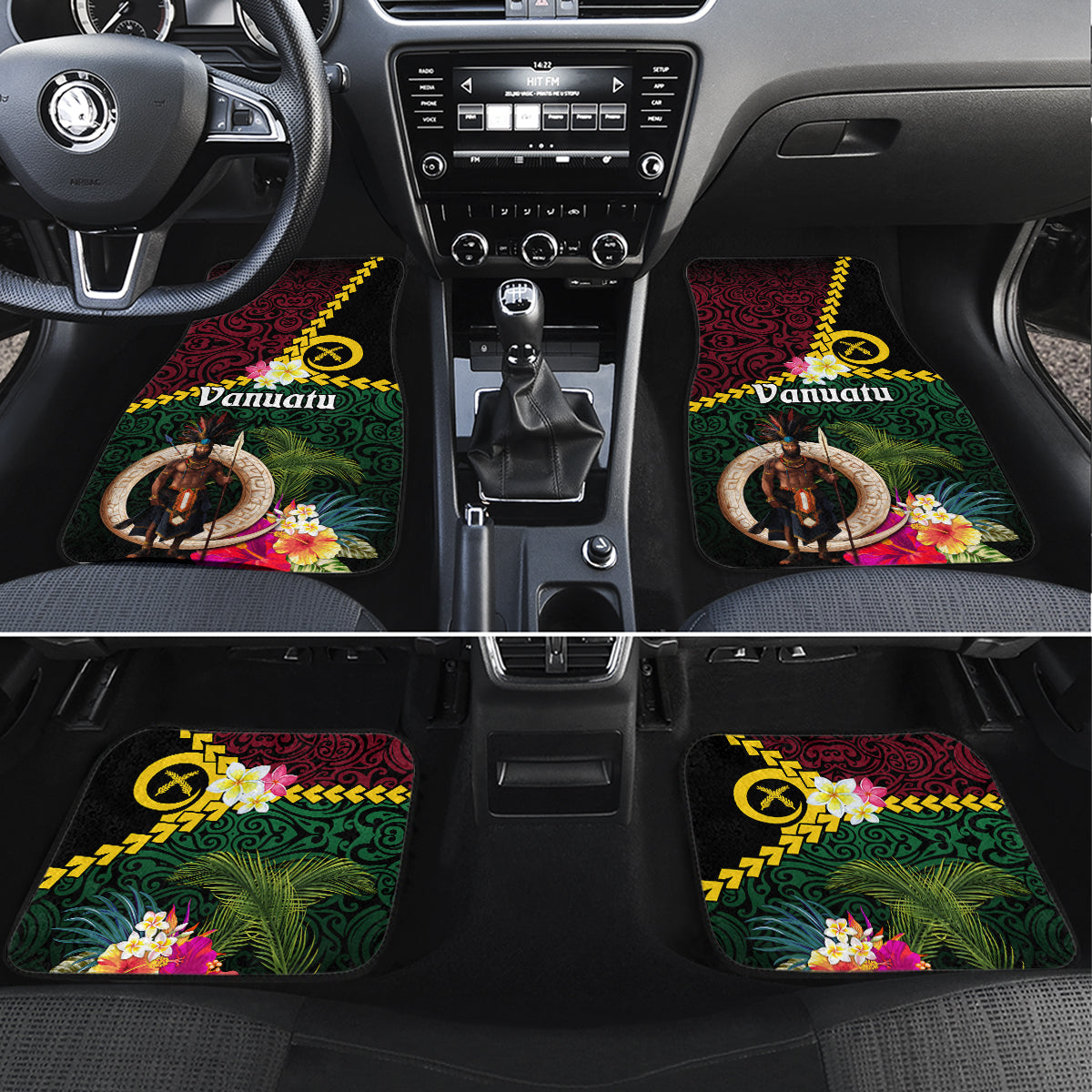 Vanuatu Indipendens Dei Car Mats Boars Tusk and Melanesian Warrior Hibiscus LT03 Set 4pcs Black - Polynesian Pride