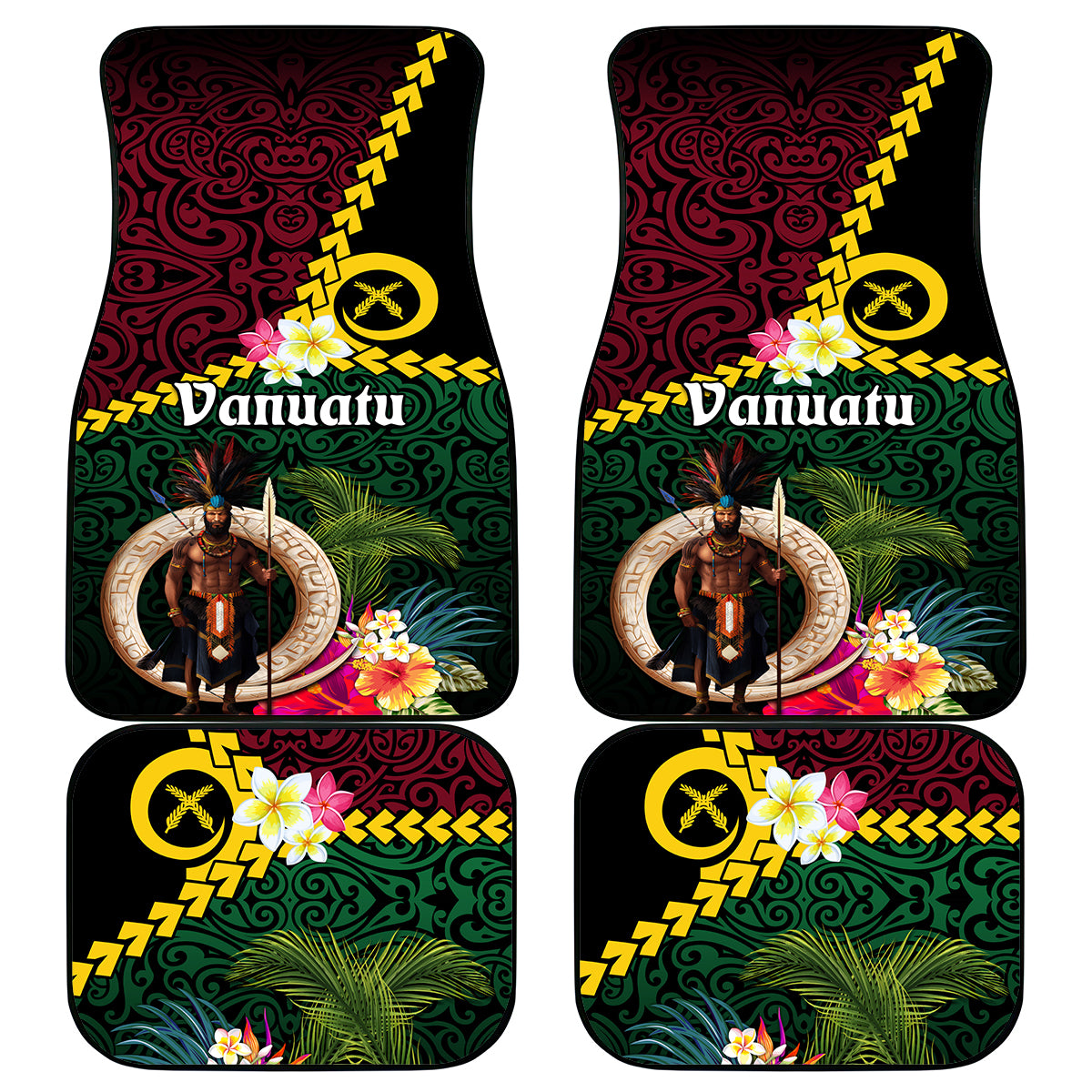 Vanuatu Indipendens Dei Car Mats Boars Tusk and Melanesian Warrior Hibiscus LT03 - Polynesian Pride