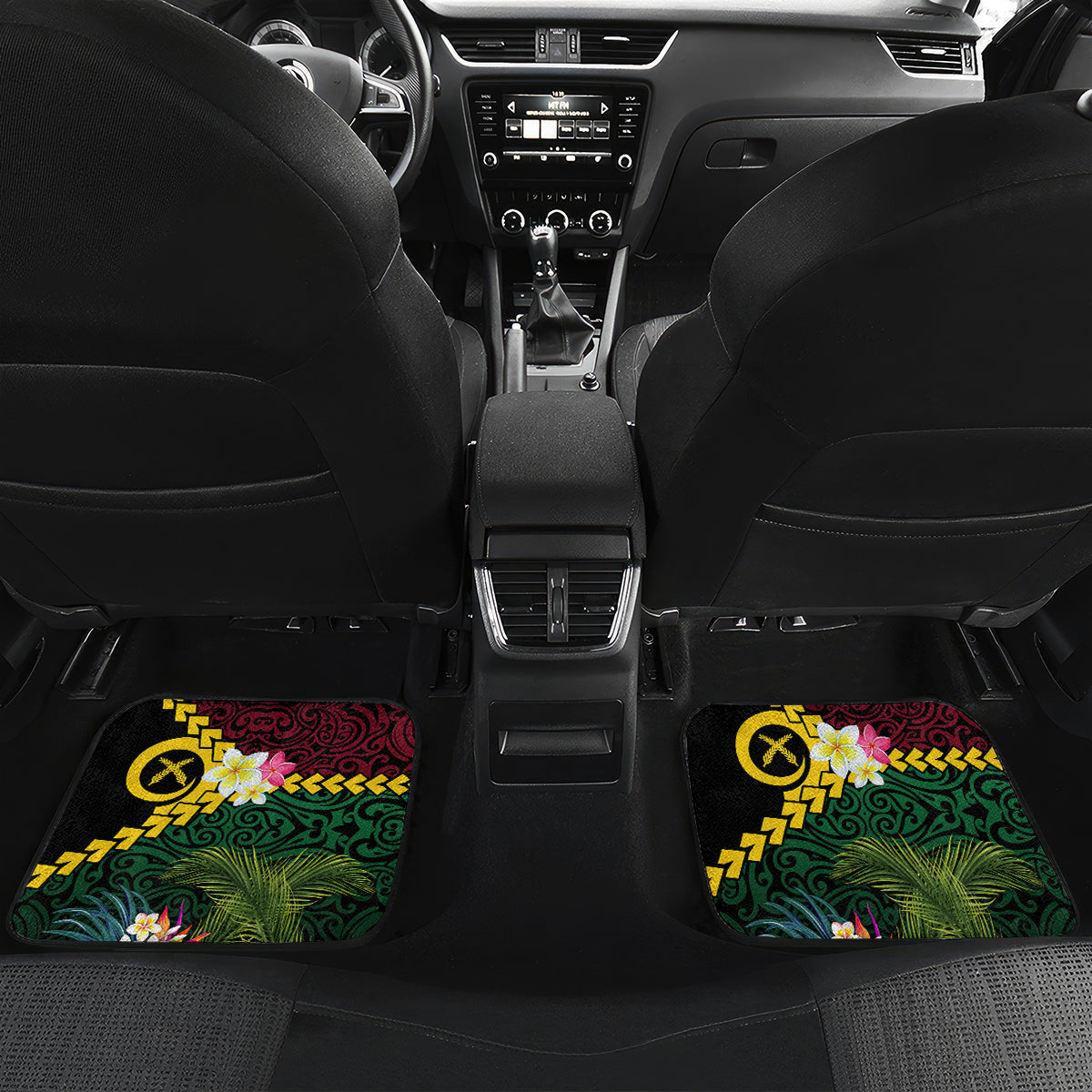 Vanuatu Indipendens Dei Car Mats Boars Tusk and Melanesian Warrior Hibiscus LT03 Set 2pcs - Back Black - Polynesian Pride