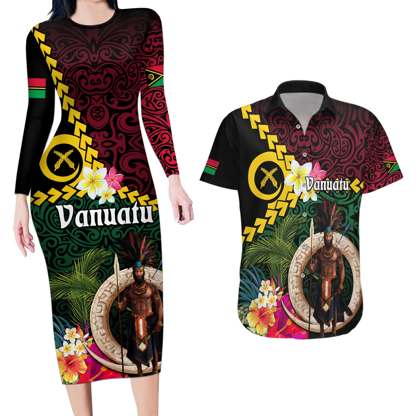 Vanuatu Indipendens Dei Couples Matching Long Sleeve Bodycon Dress and Hawaiian Shirt Boars Tusk and Melanesian Warrior Hibiscus