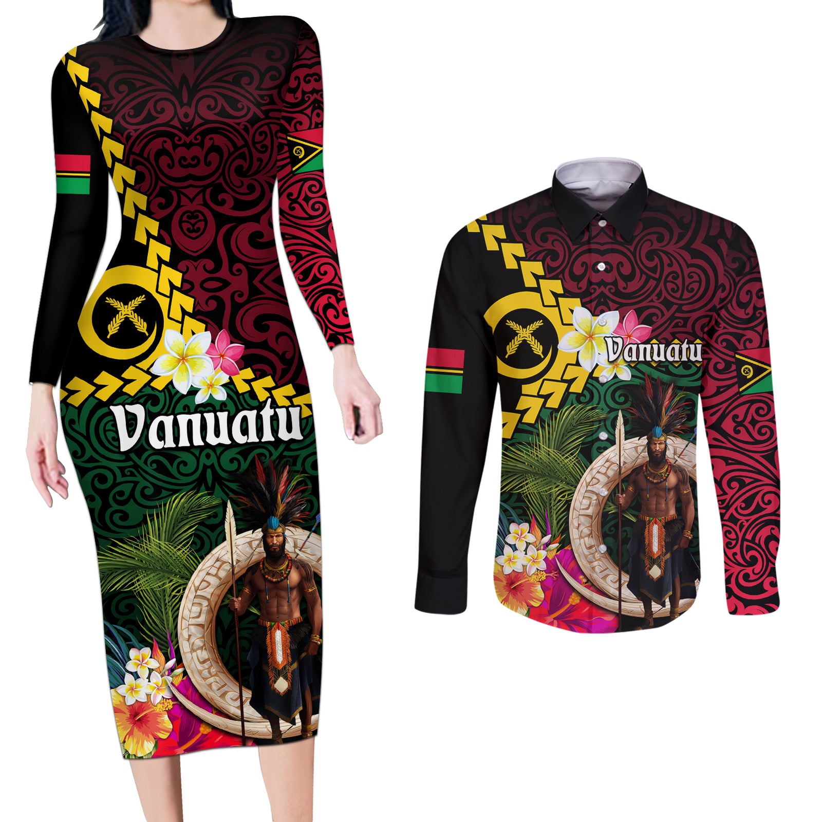 Vanuatu Indipendens Dei Couples Matching Long Sleeve Bodycon Dress and Long Sleeve Button Shirt Boars Tusk and Melanesian Warrior Hibiscus LT03 Black - Polynesian Pride