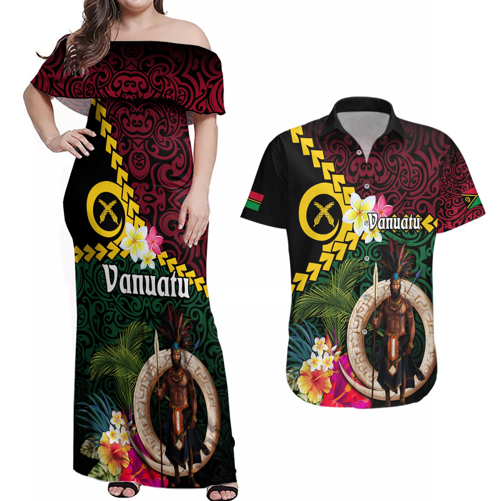 Vanuatu Indipendens Dei Couples Matching Off Shoulder Maxi Dress and Hawaiian Shirt Boars Tusk and Melanesian Warrior Hibiscus