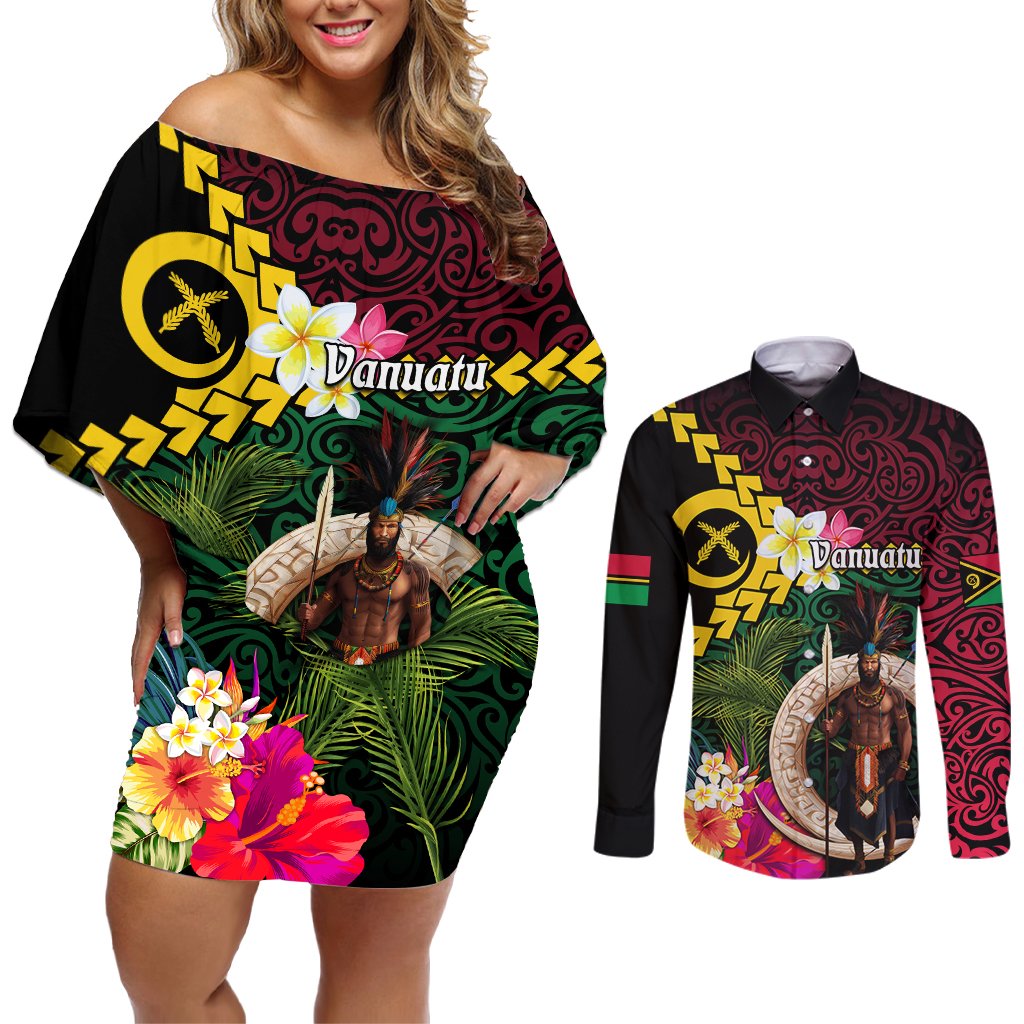 Vanuatu Indipendens Dei Couples Matching Off Shoulder Short Dress and Long Sleeve Button Shirt Boars Tusk and Melanesian Warrior Hibiscus LT03 Black - Polynesian Pride