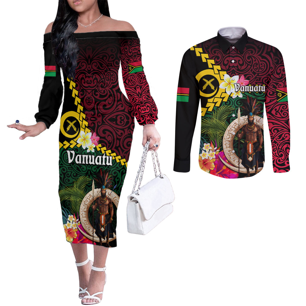 Vanuatu Indipendens Dei Couples Matching Off The Shoulder Long Sleeve Dress and Long Sleeve Button Shirt Boars Tusk and Melanesian Warrior Hibiscus LT03 Black - Polynesian Pride