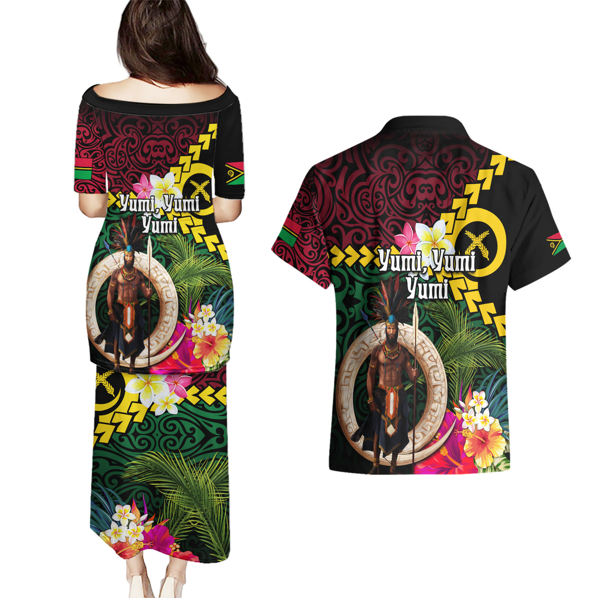 Vanuatu Indipendens Dei Couples Matching Puletasi and Hawaiian Shirt Boars Tusk and Melanesian Warrior Hibiscus
