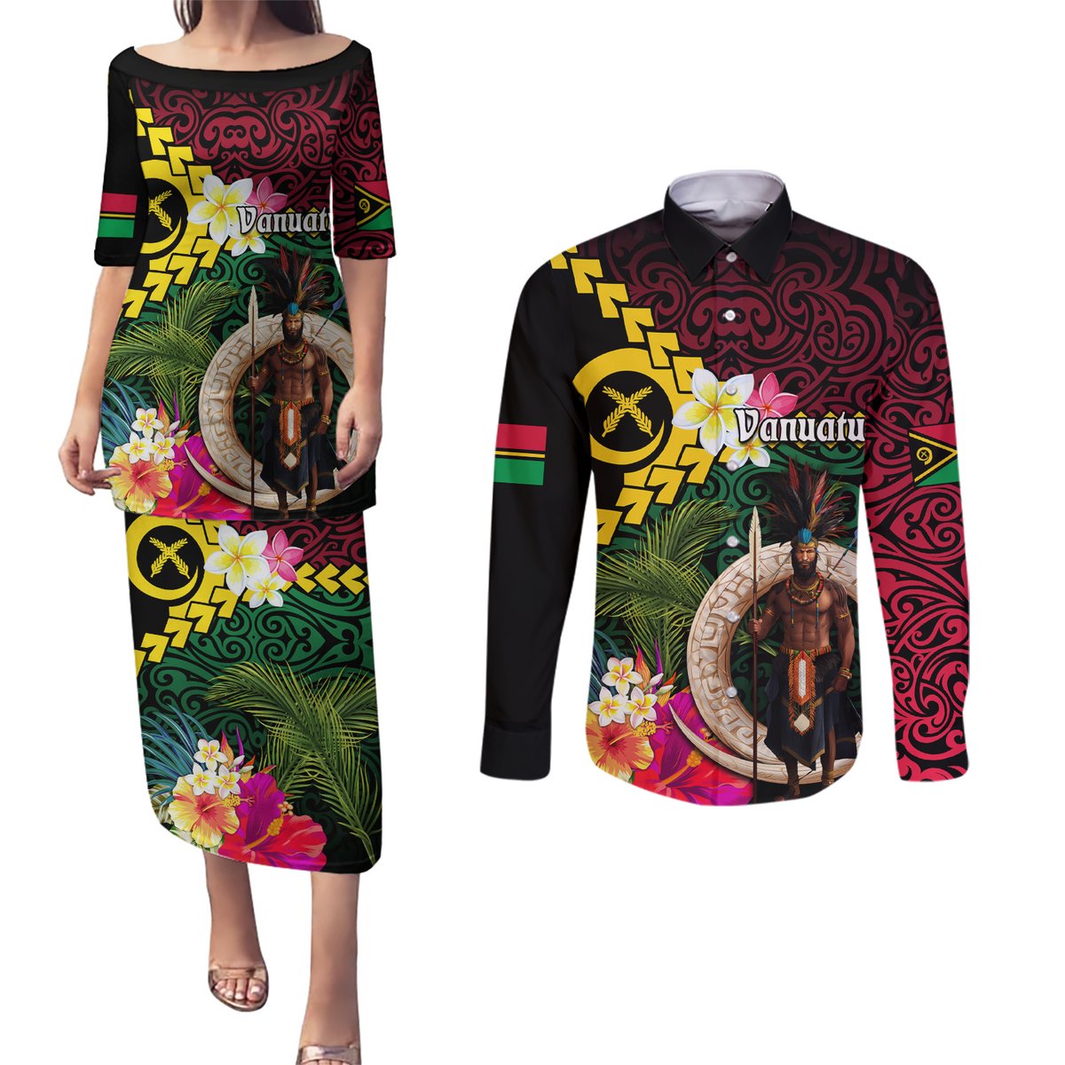 Vanuatu Indipendens Dei Couples Matching Puletasi and Long Sleeve Button Shirt Boars Tusk and Melanesian Warrior Hibiscus LT03 Black - Polynesian Pride
