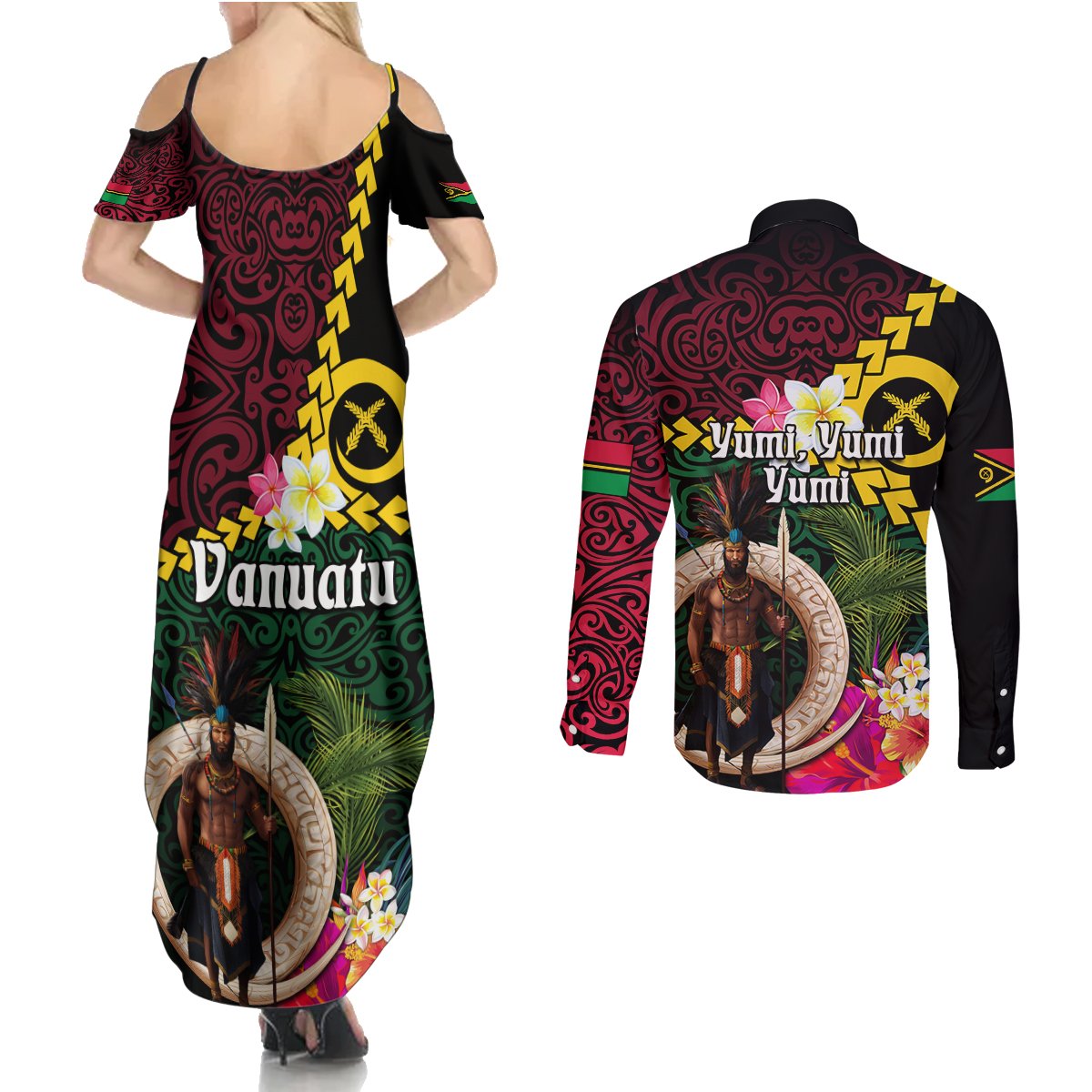 Vanuatu Indipendens Dei Couples Matching Summer Maxi Dress and Long Sleeve Button Shirt Boars Tusk and Melanesian Warrior Hibiscus