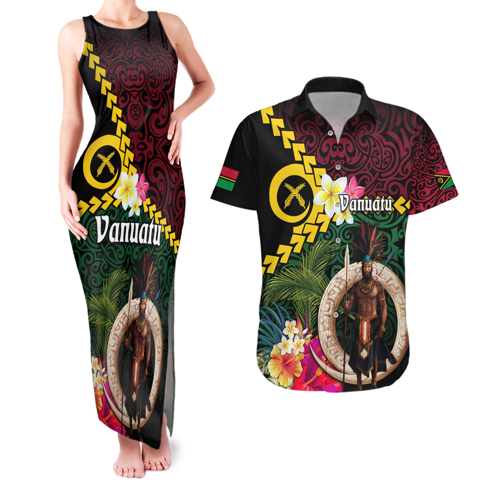 Vanuatu Indipendens Dei Couples Matching Tank Maxi Dress and Hawaiian Shirt Boars Tusk and Melanesian Warrior Hibiscus