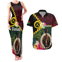 Vanuatu Indipendens Dei Couples Matching Tank Maxi Dress and Hawaiian Shirt Boars Tusk and Melanesian Warrior Hibiscus