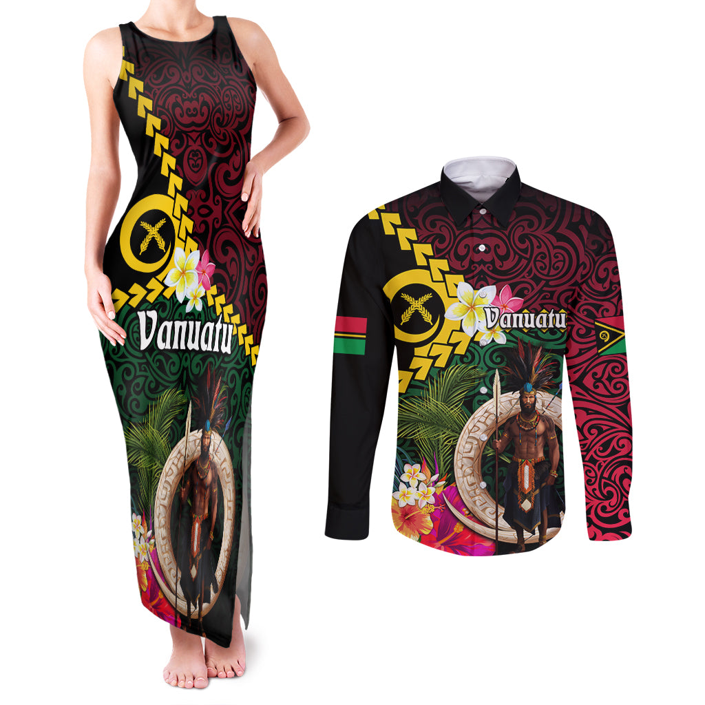 Vanuatu Indipendens Dei Couples Matching Tank Maxi Dress and Long Sleeve Button Shirt Boars Tusk and Melanesian Warrior Hibiscus LT03 Black - Polynesian Pride