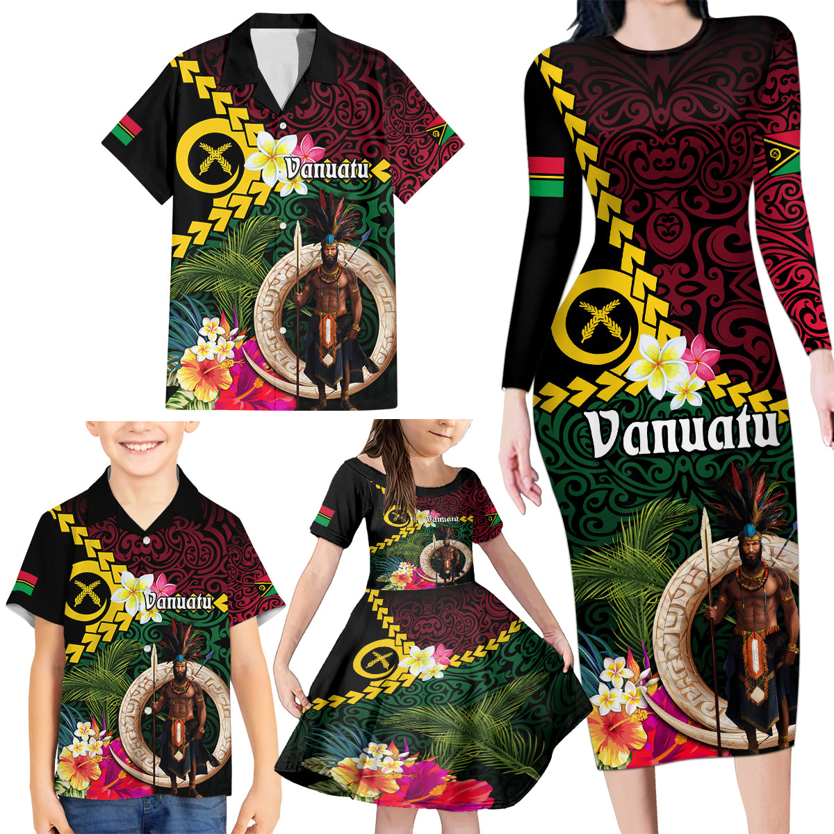 Vanuatu Indipendens Dei Family Matching Long Sleeve Bodycon Dress and Hawaiian Shirt Boars Tusk and Melanesian Warrior Hibiscus