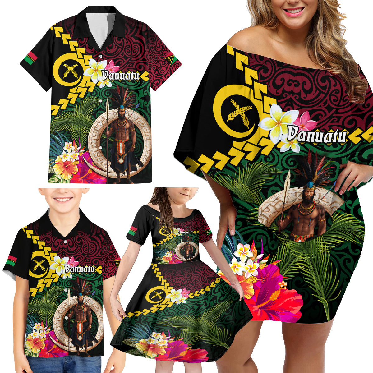 Vanuatu Indipendens Dei Family Matching Off Shoulder Short Dress and Hawaiian Shirt Boars Tusk and Melanesian Warrior Hibiscus