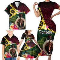 Vanuatu Indipendens Dei Family Matching Short Sleeve Bodycon Dress and Hawaiian Shirt Boars Tusk and Melanesian Warrior Hibiscus