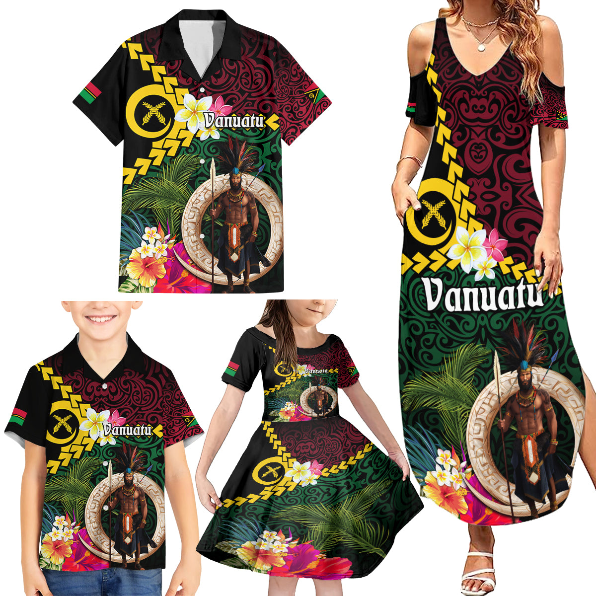 Vanuatu Indipendens Dei Family Matching Summer Maxi Dress and Hawaiian Shirt Boars Tusk and Melanesian Warrior Hibiscus