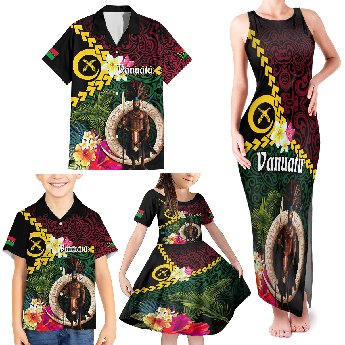 Vanuatu Indipendens Dei Family Matching Tank Maxi Dress and Hawaiian Shirt Boars Tusk and Melanesian Warrior Hibiscus