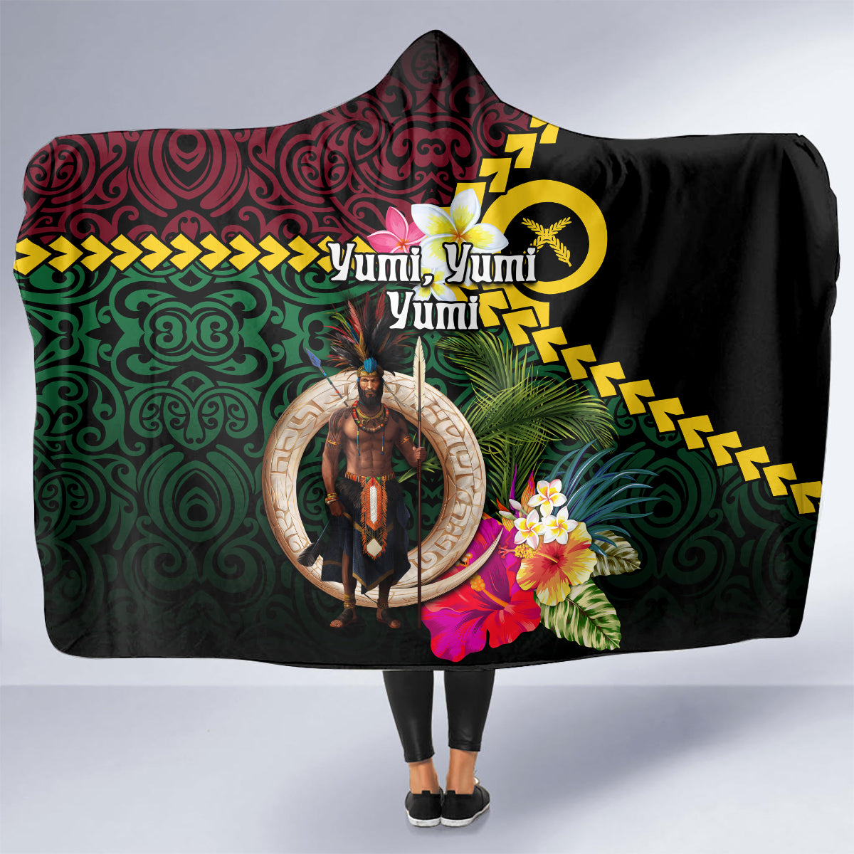 Vanuatu Indipendens Dei Hooded Blanket Boars Tusk and Melanesian Warrior Hibiscus LT03 - Polynesian Pride