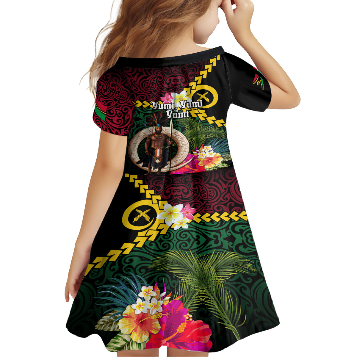 Vanuatu Indipendens Dei Kid Short Sleeve Dress Boars Tusk and Melanesian Warrior Hibiscus