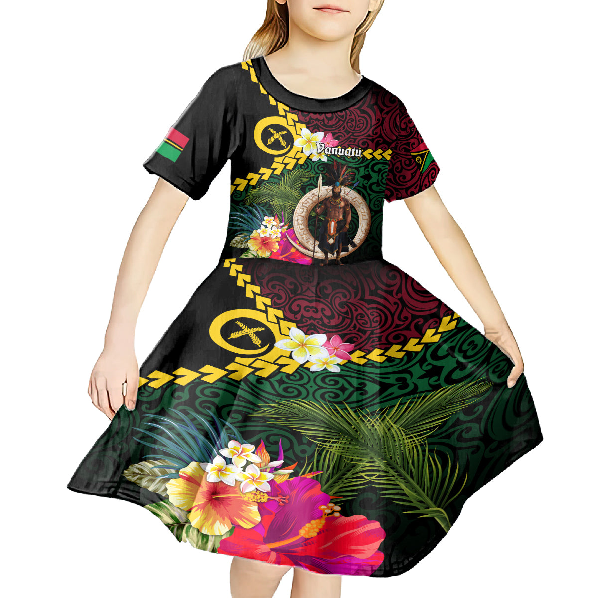 Vanuatu Indipendens Dei Kid Short Sleeve Dress Boars Tusk and Melanesian Warrior Hibiscus