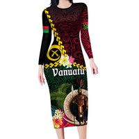 Vanuatu Indipendens Dei Long Sleeve Bodycon Dress Boars Tusk and Melanesian Warrior Hibiscus