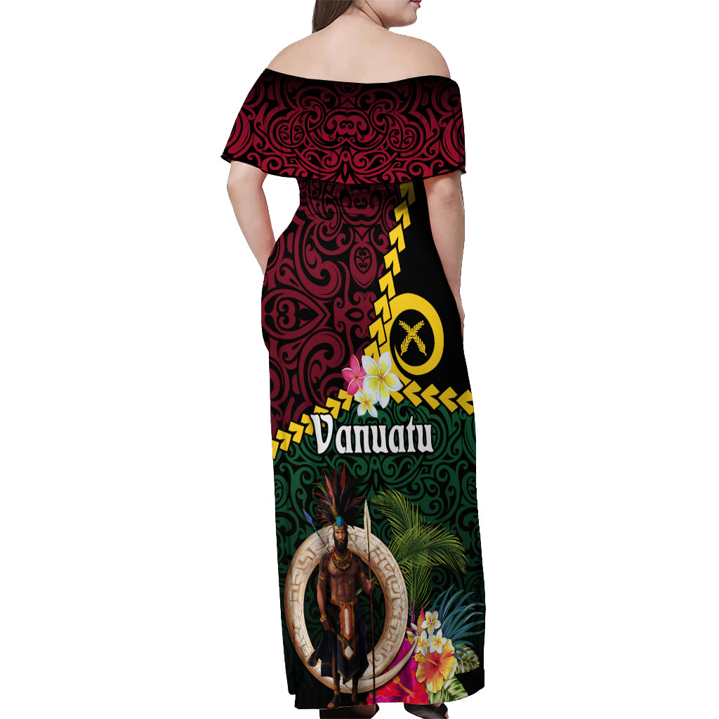 Vanuatu Indipendens Dei Off Shoulder Maxi Dress Boars Tusk and Melanesian Warrior Hibiscus LT03 - Polynesian Pride