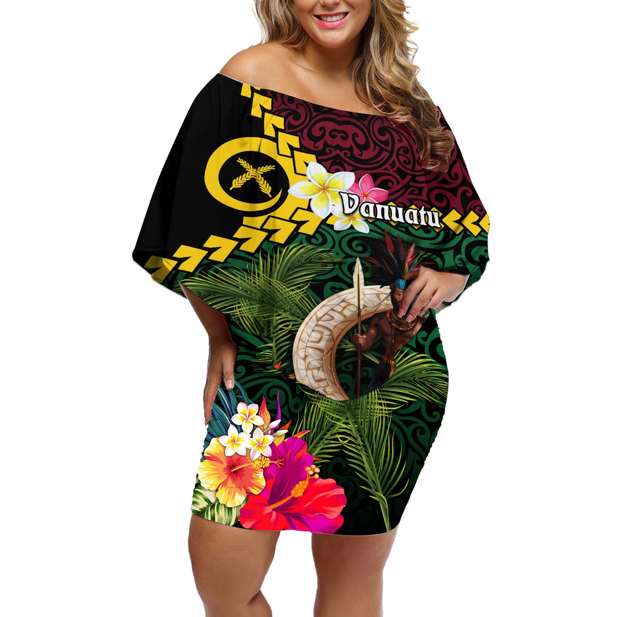 Vanuatu Indipendens Dei Off Shoulder Short Dress Boars Tusk and Melanesian Warrior Hibiscus LT03 Women Black - Polynesian Pride