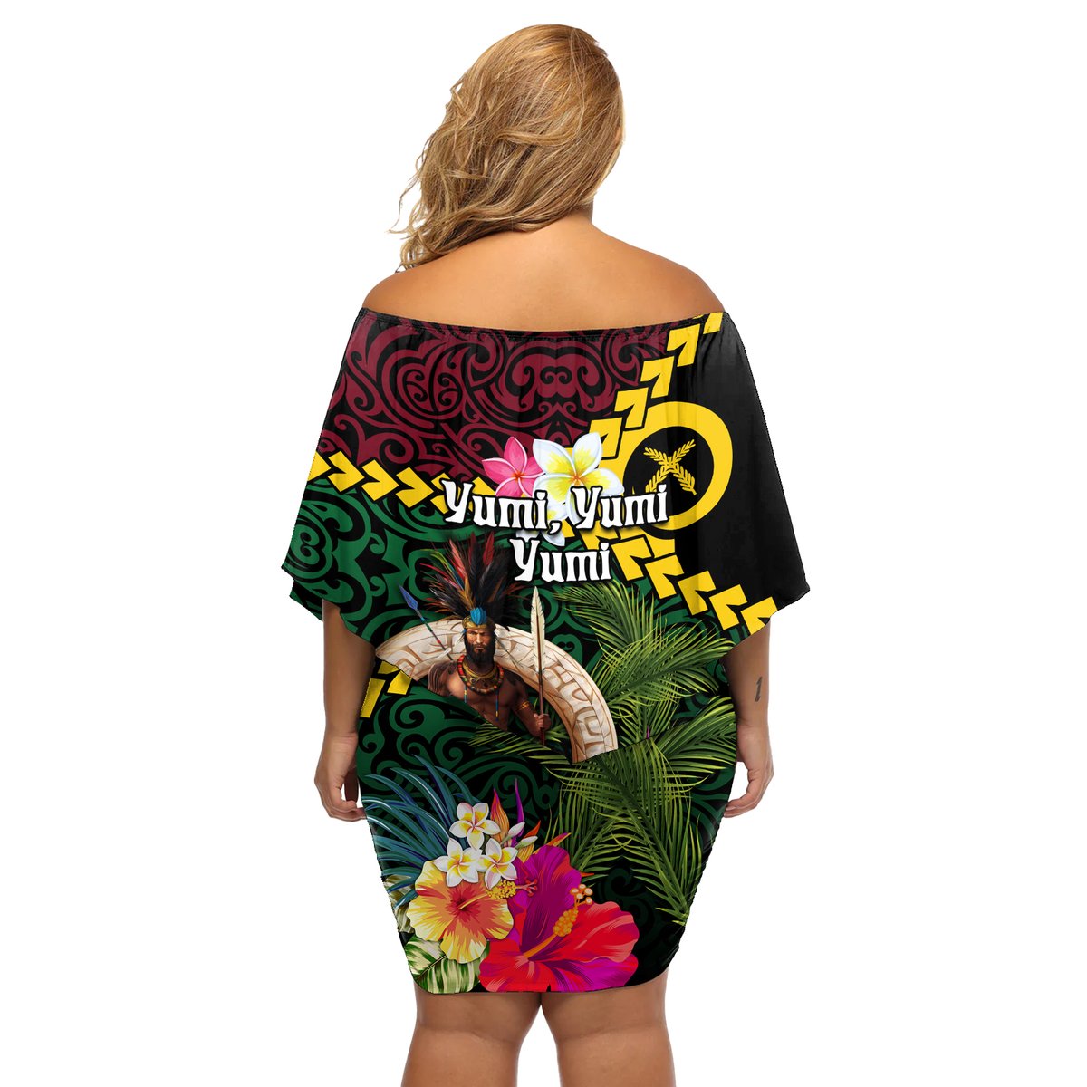 Vanuatu Indipendens Dei Off Shoulder Short Dress Boars Tusk and Melanesian Warrior Hibiscus LT03 - Polynesian Pride