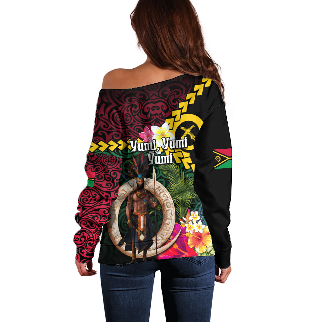 Vanuatu Indipendens Dei Off Shoulder Sweater Boars Tusk and Melanesian Warrior Hibiscus